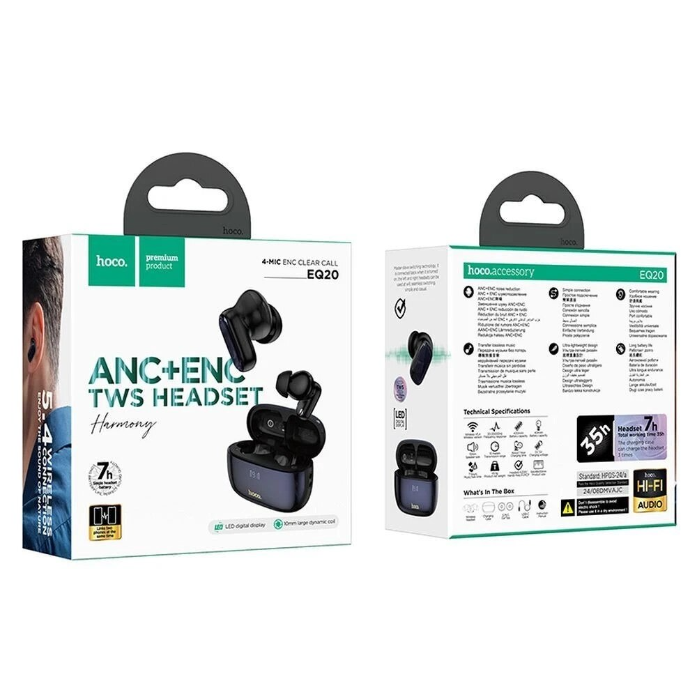 Kit mains libres Bluetooth HOCO EQ20, TWS, ANC, MultiPoint, Noir
