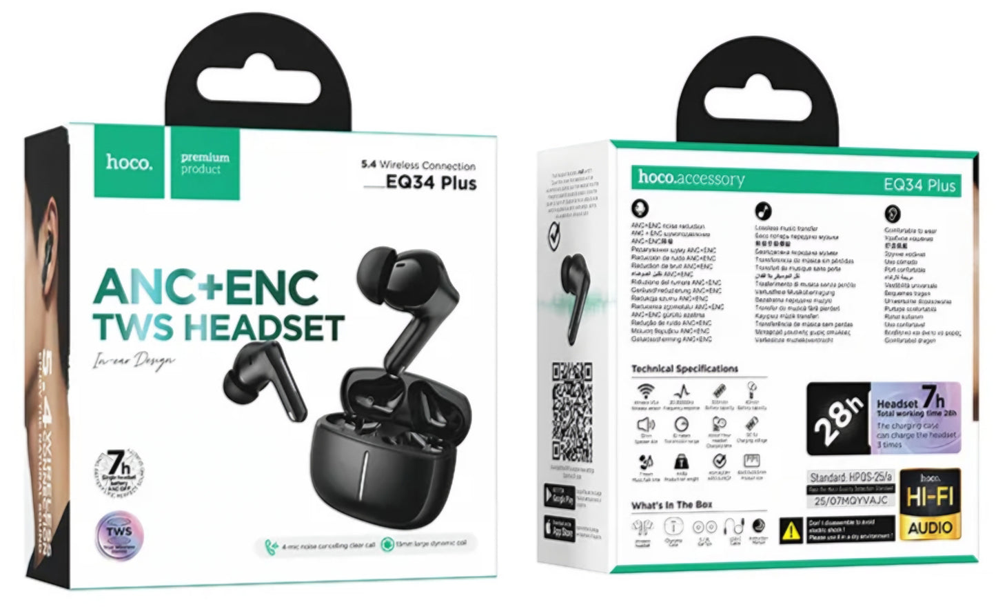 Kit mains libres Bluetooth HOCO EQ34 Plus, TWS, ANC, Noir
