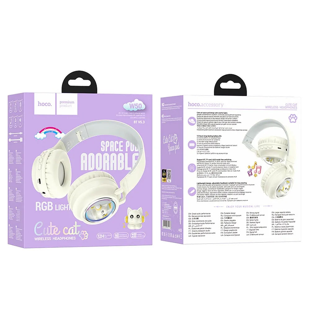 Kit mains libres Bluetooth HOCO W50 Kids Cute Cat, A2DP, Blanc