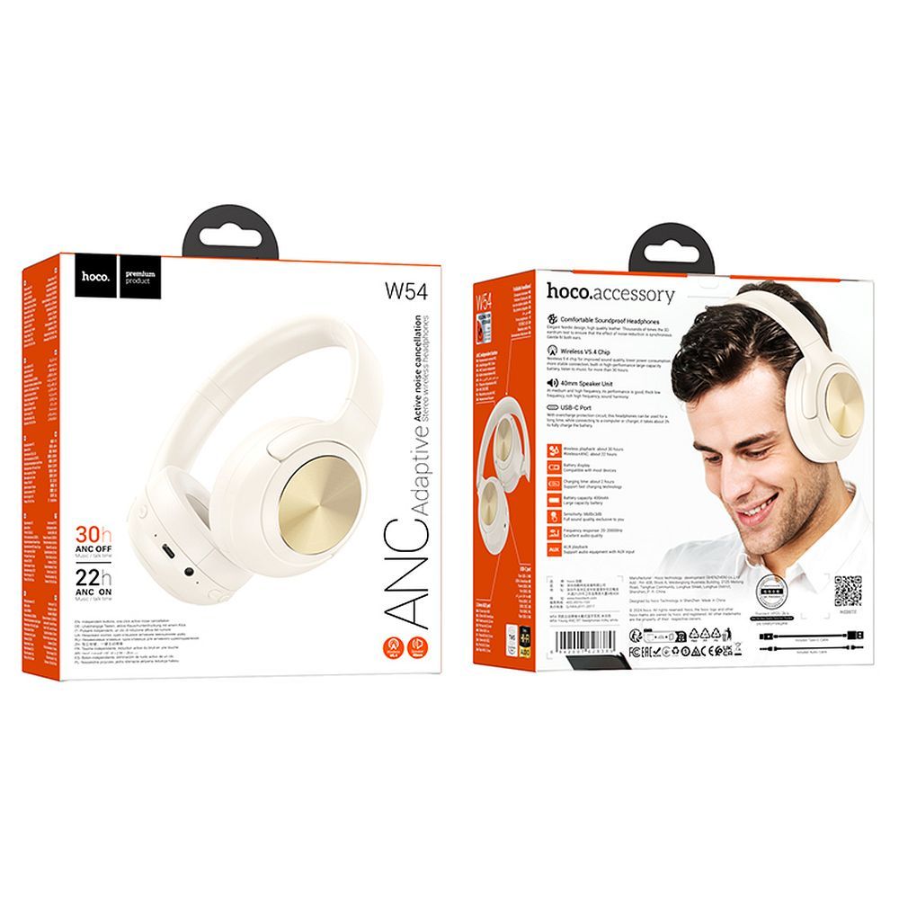 Casque Bluetooth HOCO W54, A2DP, ANC, Blanc