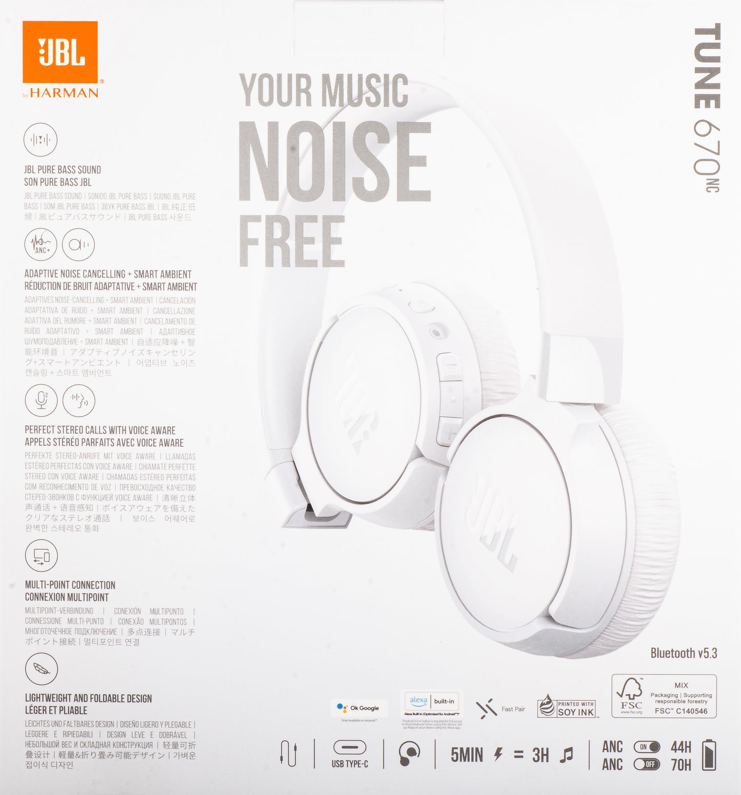 Kit mains libres Bluetooth JBL Tune 670NC, MultiPoint, A2DP, ANC, Blanc JBLT670NCWHTAP