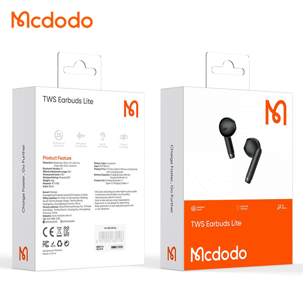 Handsfree Bluetooth McDodo HP-8031 B01, TWS, Schwarz