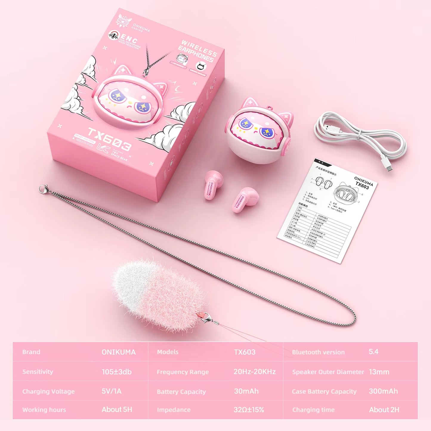 Casque Bluetooth mains libres Onikuma TX603, TWS, Rose