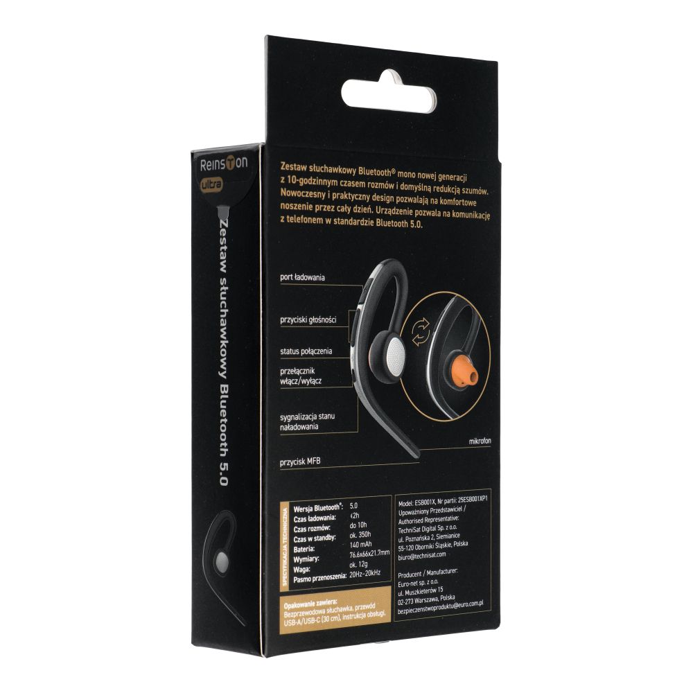 Kit mains libres Bluetooth Reinston ESB001X, MultiPoint, A2DP, Noir