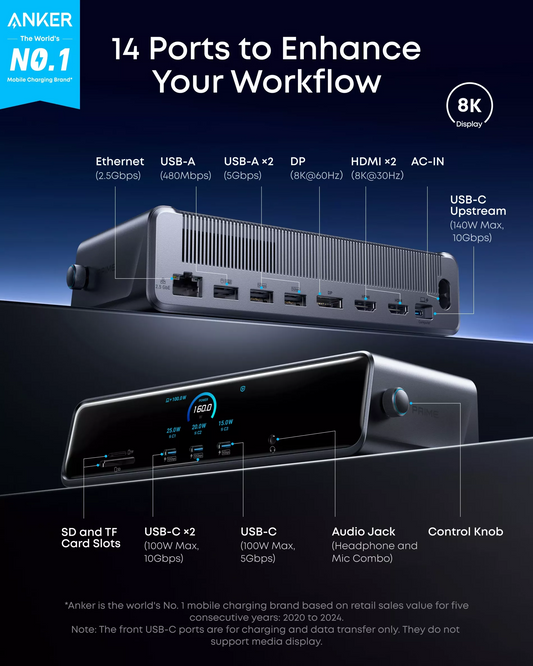 Hub Multifonctionnel Anker Prime, 3 x USB-A - 4 x USB-C - 1 x Display Port - 2 x HDMI - 1 x Jack 3,5 mm - 1 x RJ45 - 1 x SD - 1 x microSD, Gris A83B33A1