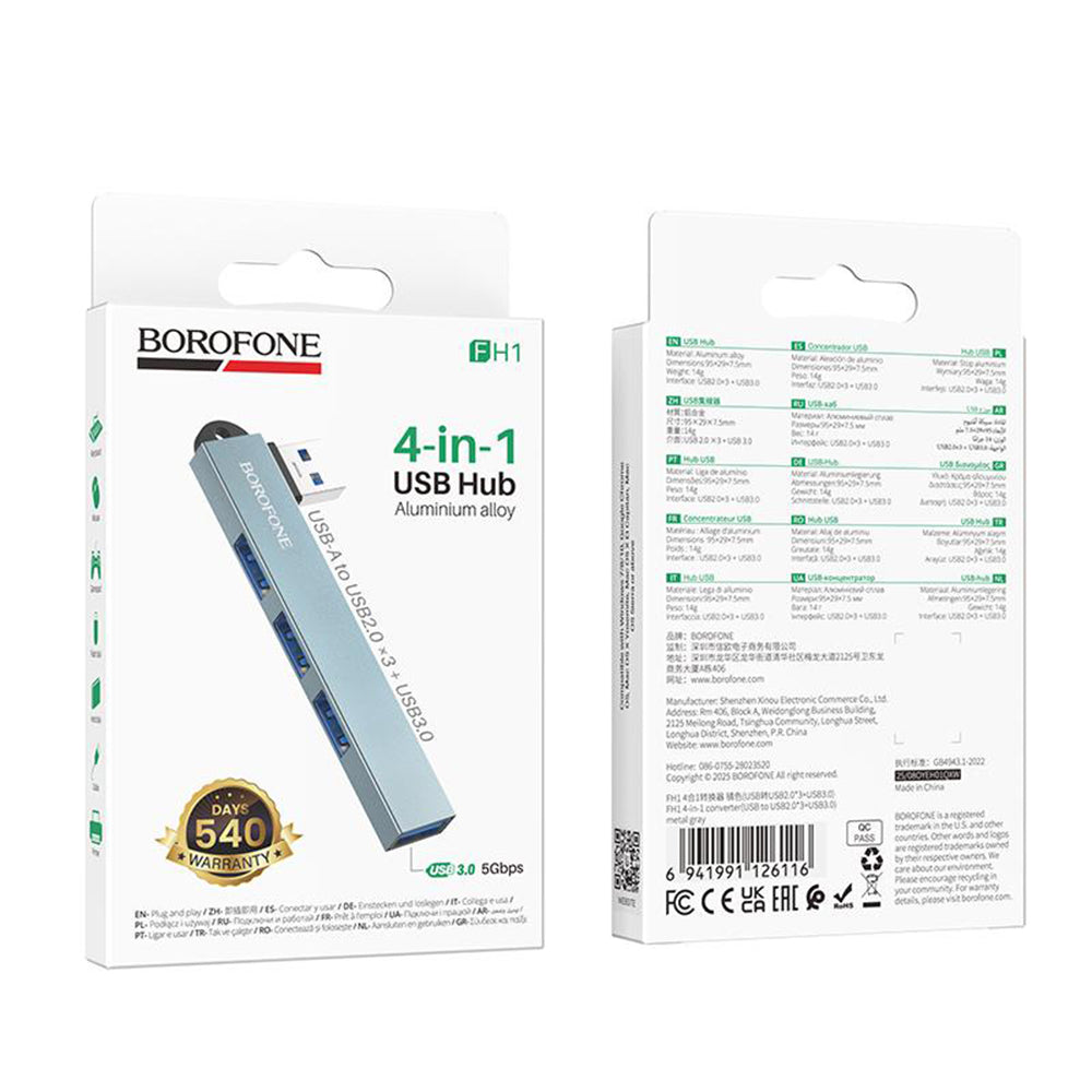 Hub USB Borofone FH1, 4 en 1, Gris