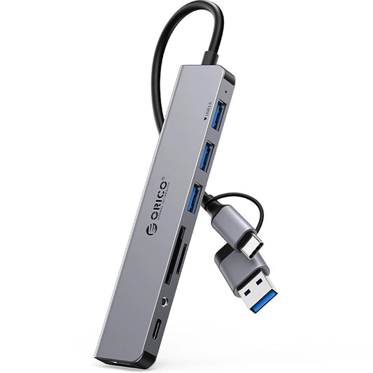 USB / USB-C Hub Orico YSA8-U3, 1 x USB-A 3.0 - 3 x USB-A - 1 x USB-C - 1 x 3.5mm Klinke - 1 x SD - 1 x microSD, Schwarz