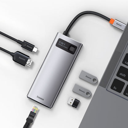 USB-C Hub Baseus Metal Gleam, 3 x USB-A 3.0 - 1 x USB-C - 1 x HDMI - 1 x RJ45, Grau CAHUB-CW0G