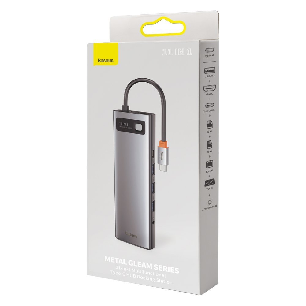 Hub USB-C Baseus Metal Gleam, 3 x USB-A 3.0 - 1 x USB-C - 2 x HDMI - 1 x VGA - 1 x Jack 3.5mm - 1 x RJ45 - 1 x SD - 1 x microSD, Gris CAHUB-CT0G
