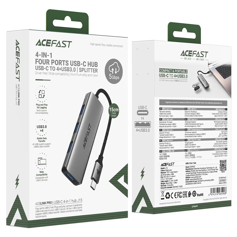 Hub USB-C Acefast J15, 4 en 1, Gris