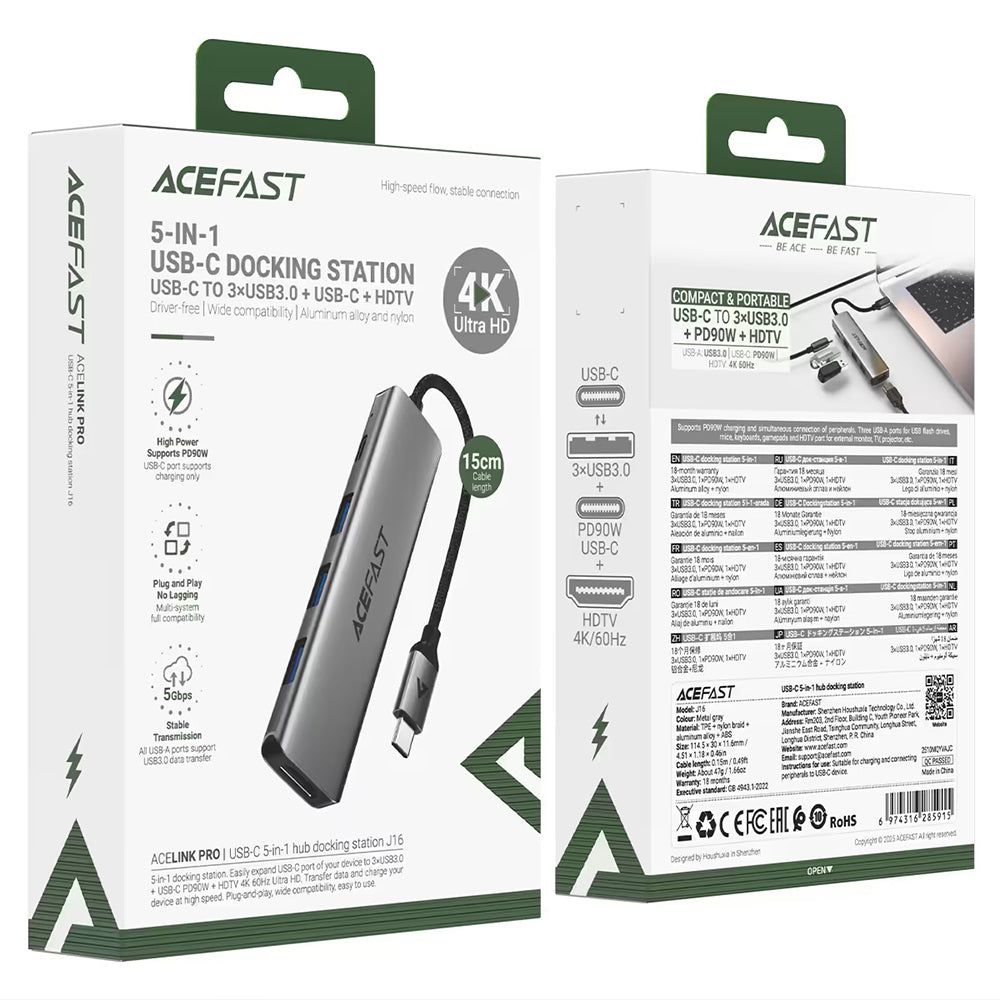USB-C Hub Acefast J16, 5in1, Grau