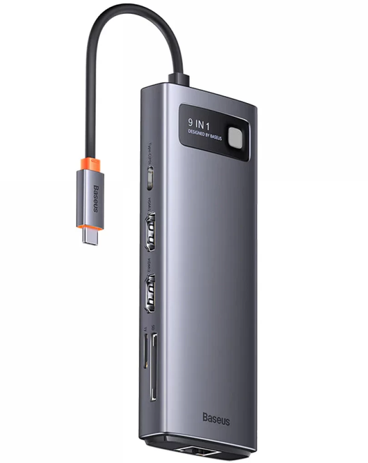 USB-C Hub Baseus Joystar, 2 x USB-A 3.2 - 1 x USB-A - 1 x USB-C - 2 x HDMI - 1 x RJ45 - 1 x SD - 1 x microSD, Grau WKWG060013