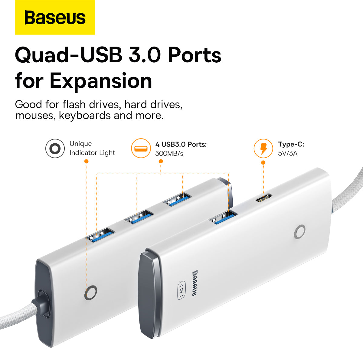 USB-C Hub Baseus Lite, 4 x USB-A 3.2, 2m, Weiß