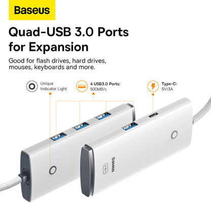 USB-C Hub Baseus Lite, 4 x USB-A 3.2, 2m, Weiß