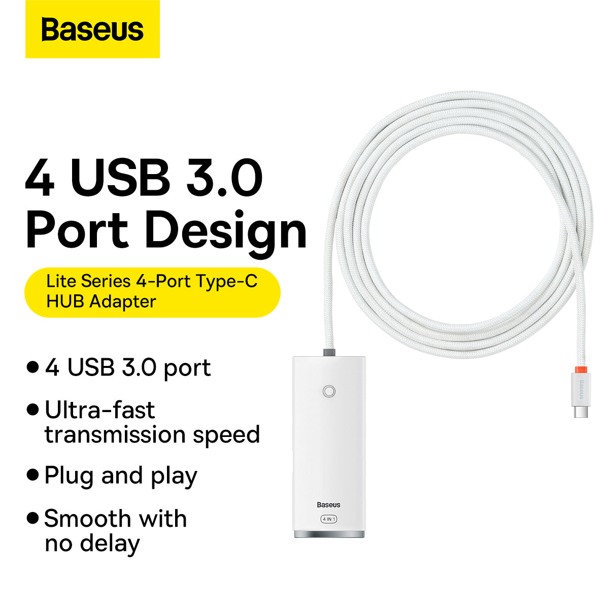 USB-C Hub Baseus Lite, 4 x USB-A 3.2, 2m, Weiß