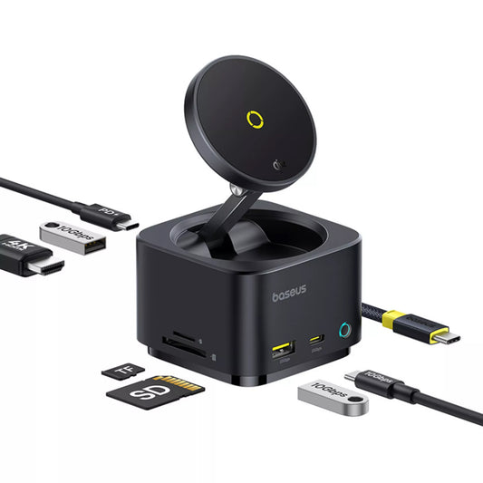 Hub USB-C Baseus MagPro II 7in1, 1 x USB-A - 2 x USB-C - 1 x HDMI - 1 x QI - 1 x SD - 1 x microSD, Negru B00072900121-00