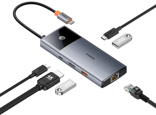 Hub USB-C Baseus Metal Gleam II, 2 x USB-A - 2 x USB-C - 1 x HDMI - 1 x RJ45, Gris B00061802813-00