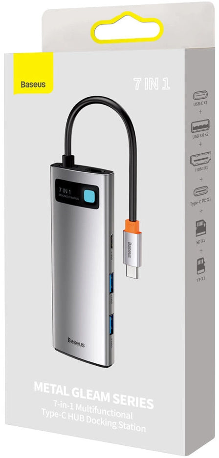 Hub USB-C Baseus Metal Gleam, 2 x USB-A 3.0 - 2 x USB-C - 1 x HDMI - 1 x SD - 1 x microSD, Grau WKWG020113