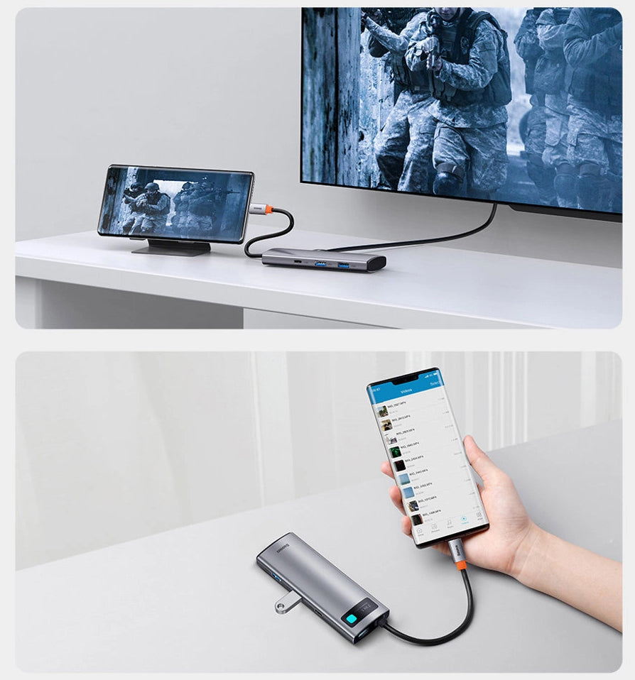 Hub USB-C Baseus Metal Gleam, 2 x USB-A 3.0 - 2 x USB-C - 1 x HDMI - 1 x SD - 1 x microSD, Grau WKWG020113