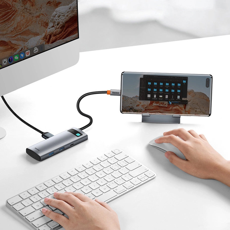 Hub USB-C Baseus Metal Gleam, 2 x USB-A 3.0 - 2 x USB-C - 1 x HDMI - 1 x SD - 1 x microSD, Grau WKWG020113