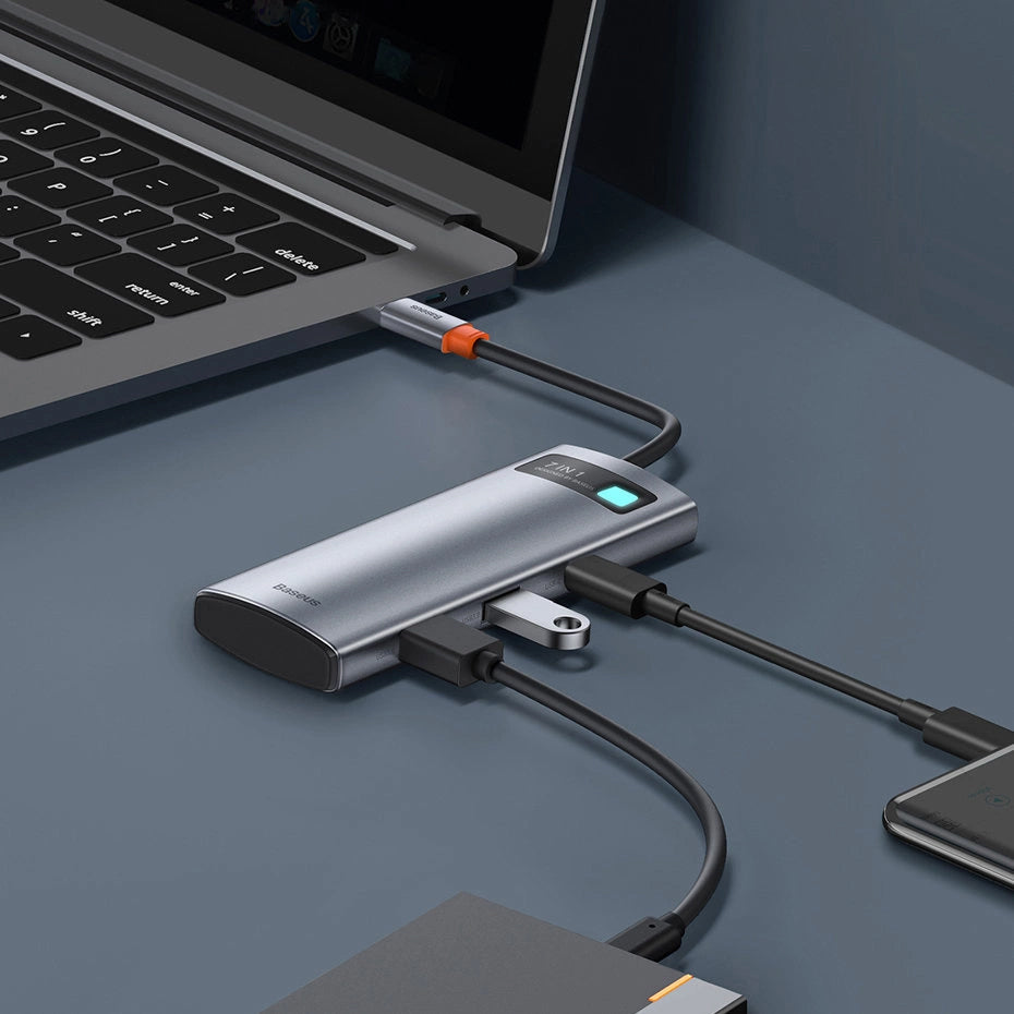Hub USB-C Baseus Metal Gleam, 2 x USB-A 3.0 - 2 x USB-C - 1 x HDMI - 1 x SD - 1 x microSD, Grau WKWG020113
