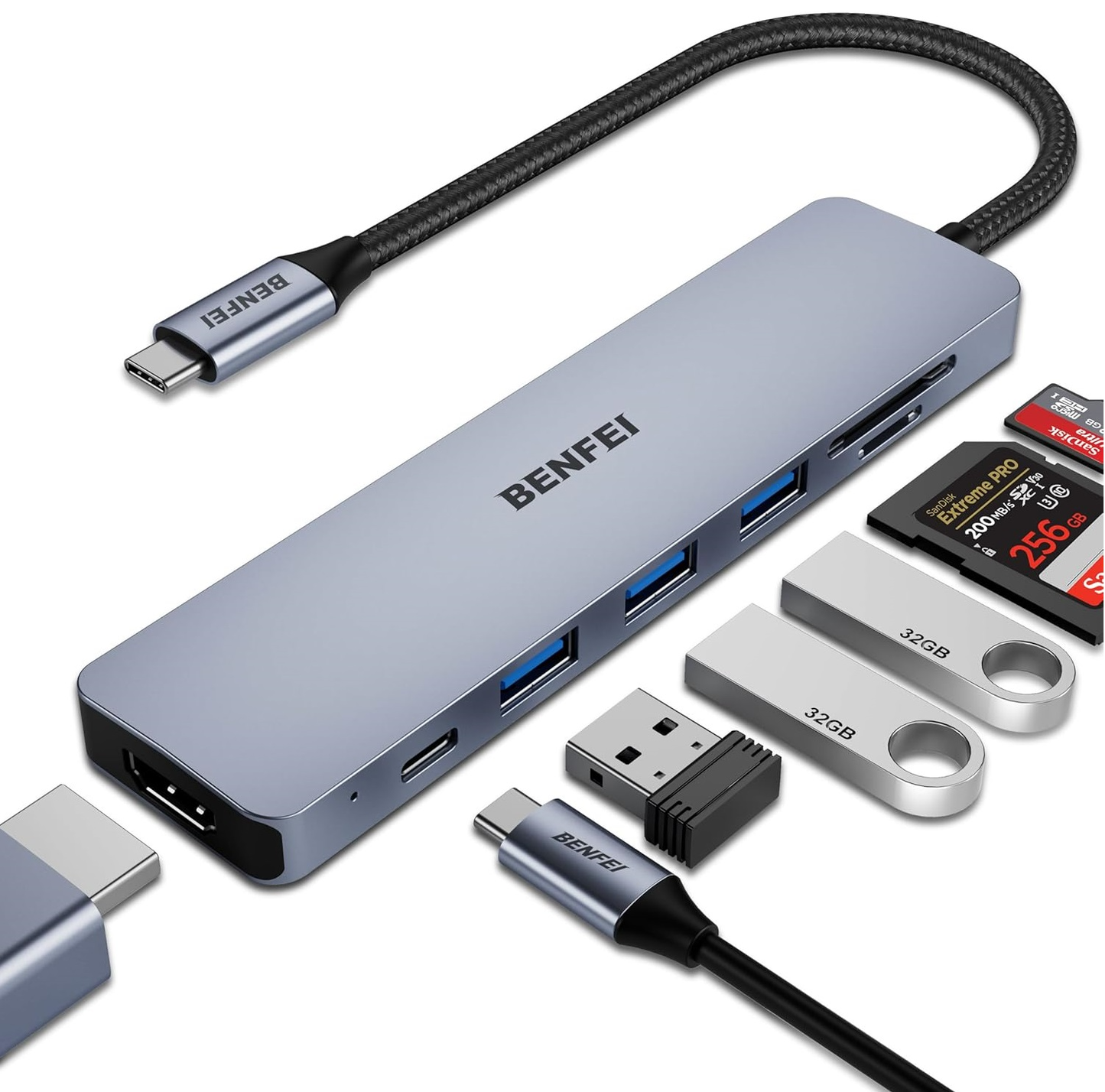 USB-C Hub Benfei, 3 x USB-A 3.0 - 1 x USB-C - 1 x HDMI - 1 x SD - 1 x microSD, Grau