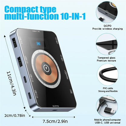 Hub USB-C avec Charge Sans Fil QI OEM YC7209, 10 en 1, Gris