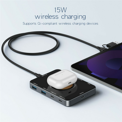 Hub USB-C avec Charge Sans Fil QI OEM YC7209, 10 en 1, Gris