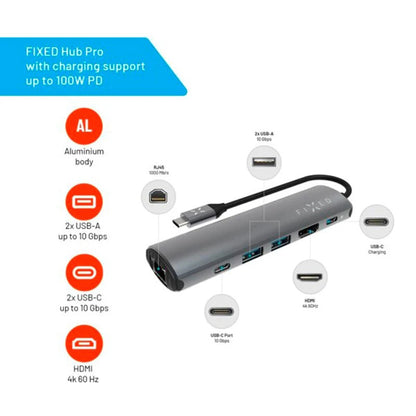 Hub USB-C Fixed Pro, 6in1, Grau