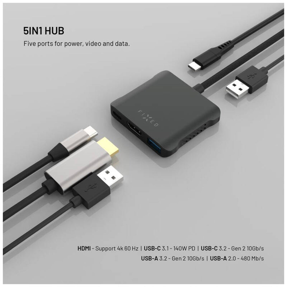 Hub USB-C Fixed Quadri, 5en1, Noir