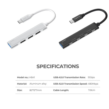 Hub USB-C HAVIT HB41, 4 en 1, Argenté