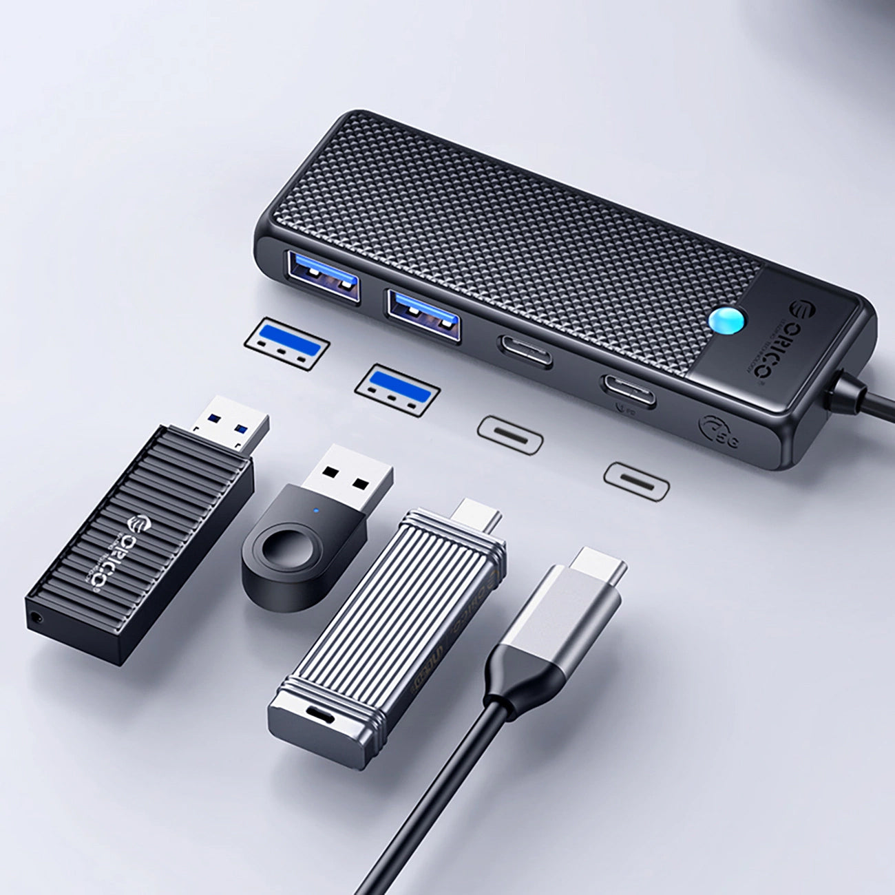 Hub USB-C Orico PAPW2AC-C3, 2 x USB-A 3.0 - 2 x USB-C, Noir