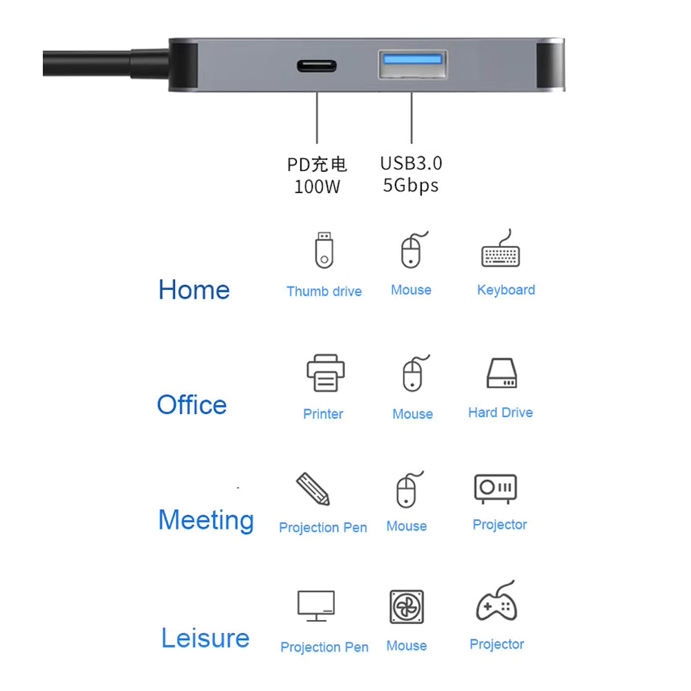 Hub USB-C Techsuit H4 TurboChargeX, 3 en 1, Gris