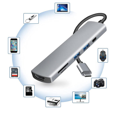 Hub USB-C Techsuit H5 TurboChargeX, 6en1, Gris