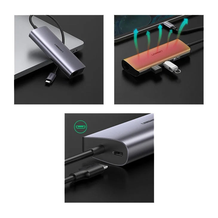Hub USB-C UGREEN CM252, 3 x USB-A 3.0 - 1 x USB-C - RJ45, Grau