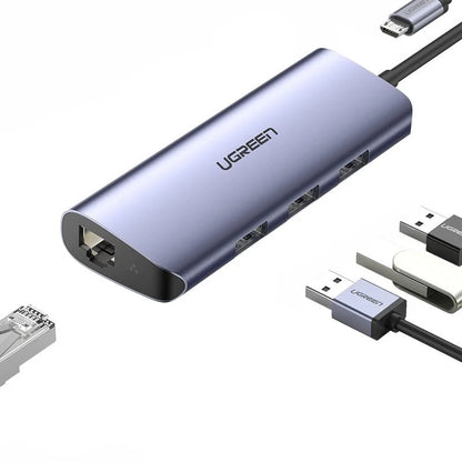 Hub USB-C UGREEN CM252, 3 x USB-A 3.0 - 1 x USB-C - RJ45, Grau