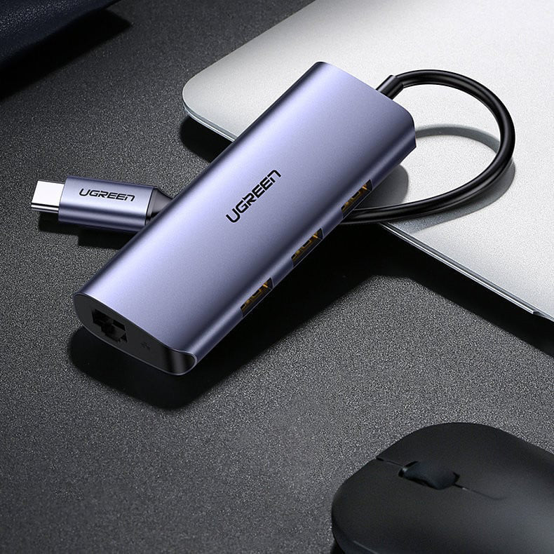 Hub USB-C UGREEN CM252, 3 x USB-A 3.0 - 1 x USB-C - RJ45, Grau