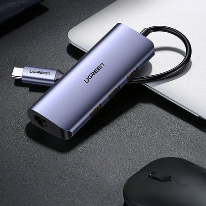Hub USB-C UGREEN CM252, 3 x USB-A 3.0 - 1 x USB-C - RJ45, Grau