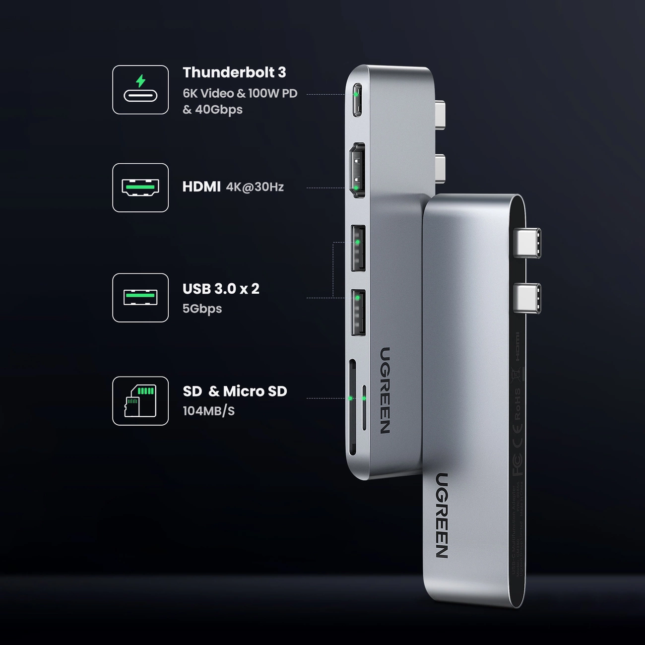 Hub USB-C UGREEN CM380 (80856) pour Apple MacBook Pro / Air Series, 2 x USB-A 3.0 - 1 x USB-C - 1 x HDMI - 1 x SD - 1 x microSD
