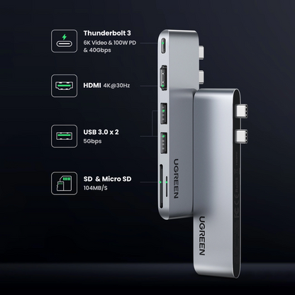 Hub USB-C UGREEN CM380 (80856) pour Apple MacBook Pro / Air Series, 2 x USB-A 3.0 - 1 x USB-C - 1 x HDMI - 1 x SD - 1 x microSD