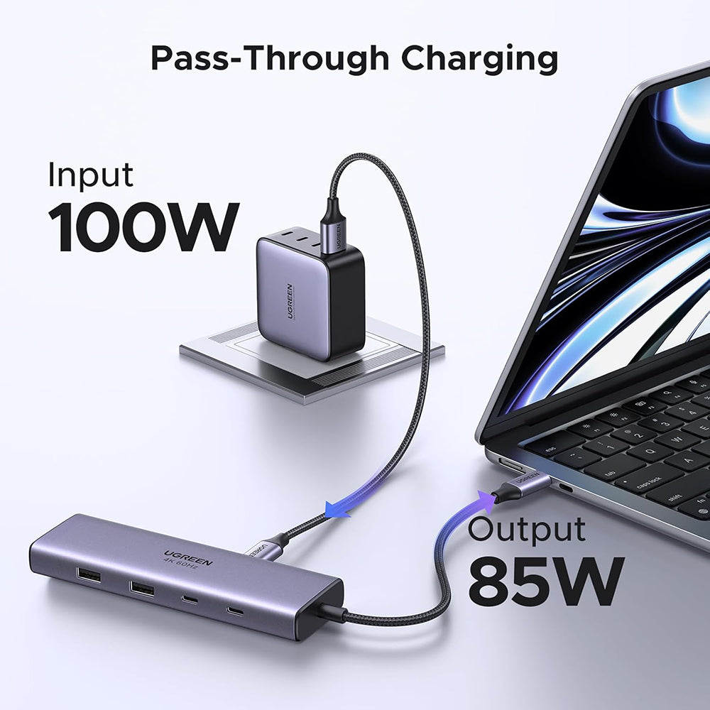 Hub USB-C UGREEN CM498 (15375), 2 x USB-A - 3 x USB-C - 1 x HDMI - 1 x RJ45 - 1 x SD - 1 x microSD, Gris