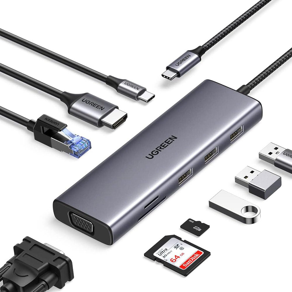 Hub USB-C UGREEN CM498 (15600), 3 x USB-A 3.0 - 1 x USB-C - 1 x HDMI - 1 x VGA - 1 x RJ45 - 1 x SD - 1 x microSD, Gris