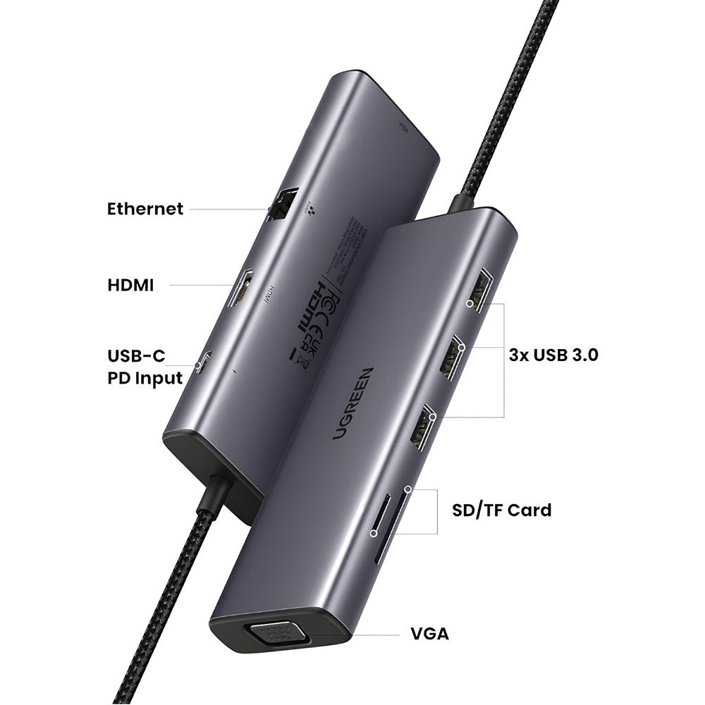 Hub USB-C UGREEN CM498 (15600), 3 x USB-A 3.0 - 1 x USB-C - 1 x HDMI - 1 x VGA - 1 x RJ45 - 1 x SD - 1 x microSD, Gris