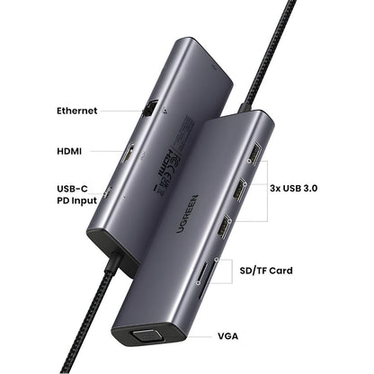 Hub USB-C UGREEN CM498 (15600), 3 x USB-A 3.0 - 1 x USB-C - 1 x HDMI - 1 x VGA - 1 x RJ45 - 1 x SD - 1 x microSD, Gris