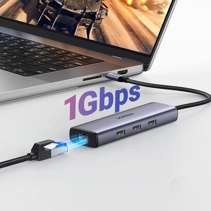 Hub USB-C UGREEN CM512 (15598), 3 x USB-A 3.0 - 1 x USB-C - 1 x HDMI - 1 x RJ45, Gris