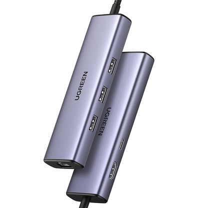 Hub USB-C UGREEN CM512 (15598), 3 x USB-A 3.0 - 1 x USB-C - 1 x HDMI - 1 x RJ45, Gris