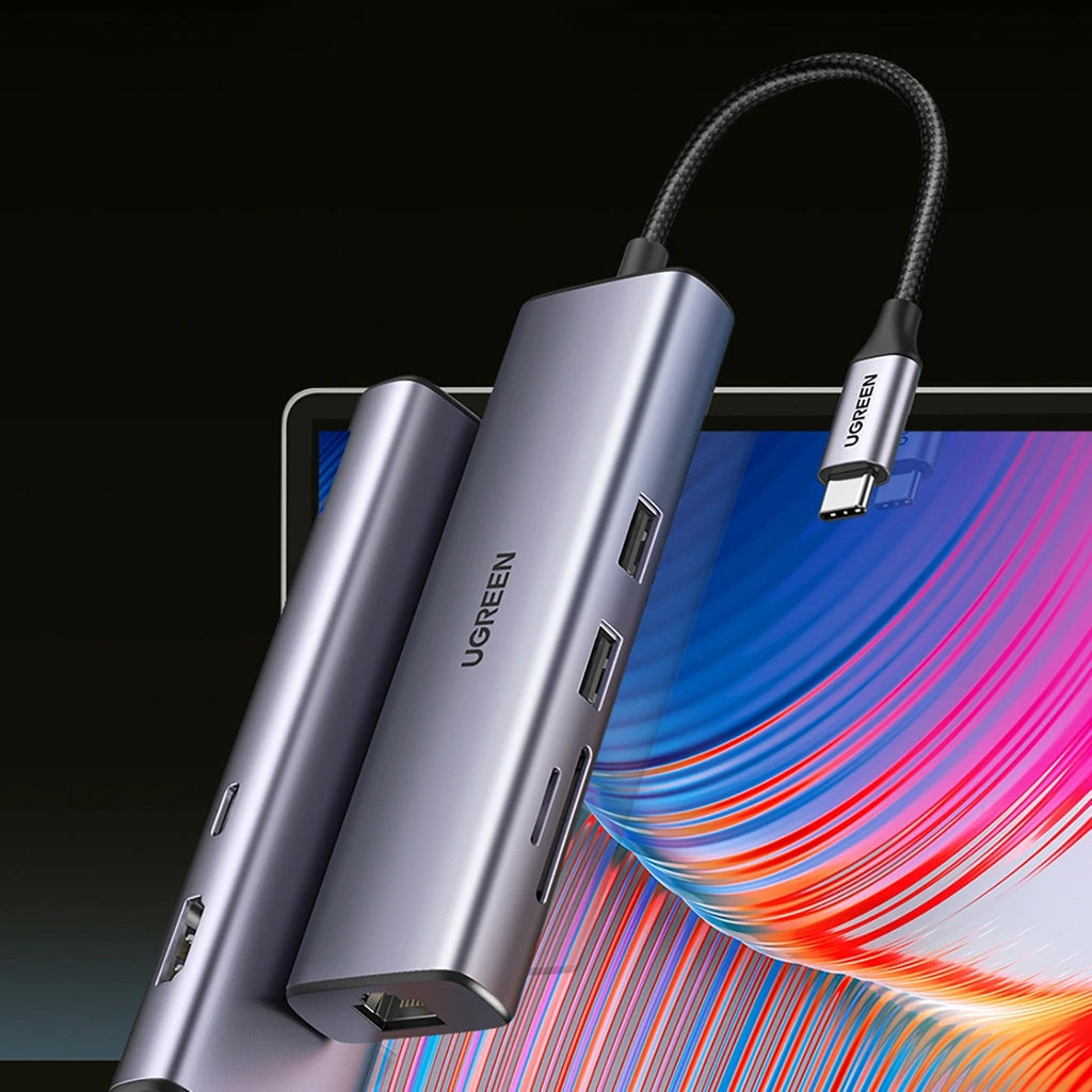 Hub USB-C UGREEN CM512, 2 x USB-A 3.0 - 1 x USB-C - 1 x HDMI - 1 x SD - 1 x microSD - RJ45, Grau