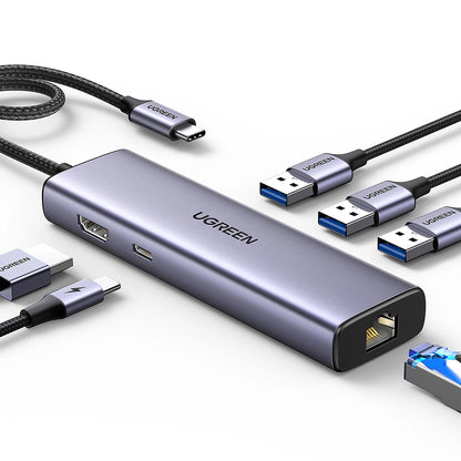 Hub USB-C UGREEN CM512 (15598), 3 x USB-A 3.0 - 1 x USB-C - 1 x HDMI - 1 x RJ45, Gris