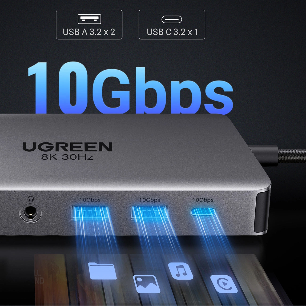 Hub USB-C UGREEN Revodok Pro 313 CM681, 2 x USB-A 3.2 - 1 x USB-A 3.0 - 2 x USB-C - 2 x HDMI - 1 x Jack 3.5mm - 1 x RJ45 - 1 x SD - 1 x microSD, Gris