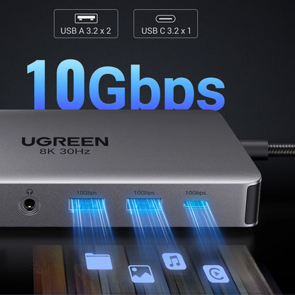 Hub USB-C UGREEN Revodok Pro 313 CM681, 2 x USB-A 3.2 - 1 x USB-A 3.0 - 2 x USB-C - 2 x HDMI - 1 x Jack 3.5mm - 1 x RJ45 - 1 x SD - 1 x microSD, Gris